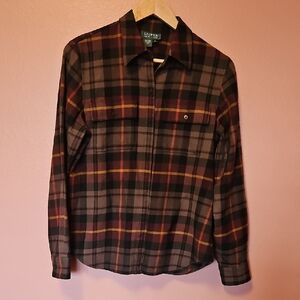 Ralph Lauren Women's Wool Plaid Shirt - Black, Brown, and Orange